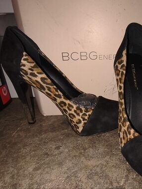 BCBG Black Suede and Leopard Print Stiletto Heels